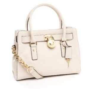 Hamilton Elegant Cream Medium Leather Satchel with Gold Accents hard wear